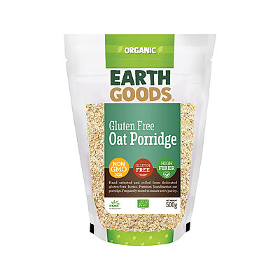 EARTH GOODS - ORGANIC GF OAT PORRIDGE (15827)  NON-GMO GLUTEN FREE HIGH FIBER NET WT 500G.    عصيدة الشوفان العضوية. خالية من الغلوتين وغير معدلة وراثيًا، شبكة ألياف عالية الوزن 500 جرام