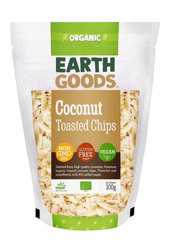 EARTH GOODS - ORGANIC COCONUT TOASTED CHIPS (15834) NON-GMO GLUTEN FREE VEGAN NET WT 100G. رقائق جوز الهند المحمصة العضوية. نباتي غير معدل وراثيًا وخالي من الغلوتين بالوزن الصافي 100 جرام EARTH GOODS - ORGANIC COCONUT TOASTED CHIPS (15834) NON-GMO GLUTEN FREE VEGAN NET WT 100G. رقائق جوز الهند المحمصة العضوية. نباتي غير معدل وراثيًا وخالي من الغلوتين بالوزن الصافي 100 جرام