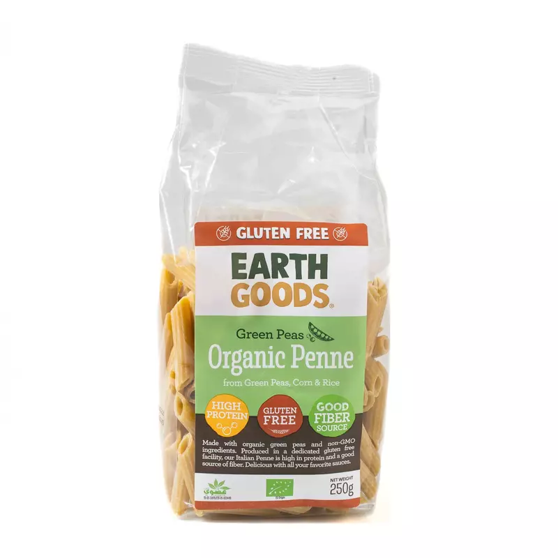 EARTH GOODS - ORGANIC GREEN PEAS PENNE (15858) NON-GMO GLUTEN FREE GOOD FIBER SOURCE NET WT 250G. EARTH GOODS - ORGANIC GREEN PEAS PENNE (15858) NON-GMO GLUTEN FREE GOOD FIBER SOURCE NET WT 250G.