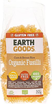 EARTH GOODS - ORGANIC FUSILLI - WHOLEGRAIN (15856) NON-GMO GLUTEN FREE GOOD FIBER SOURCE NET WT 250G.