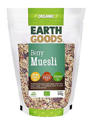 EARTH GOODS - ORGANIC GF BERRY MUESLI (15828) NON-GMO GLUTEN FREE VEGAN NET WT 340G. موسلي جي إف بيري العضوي. نباتي غير معدل وراثيًا وخالي من الغلوتين بالوزن 340 جرام EARTH GOODS - ORGANIC GF BERRY MUESLI (15828) NON-GMO GLUTEN FREE VEGAN NET WT 340G. موسلي جي إف بيري العضوي. نباتي غير معدل وراثيًا وخالي من الغلوتين بالوزن 340 جرام